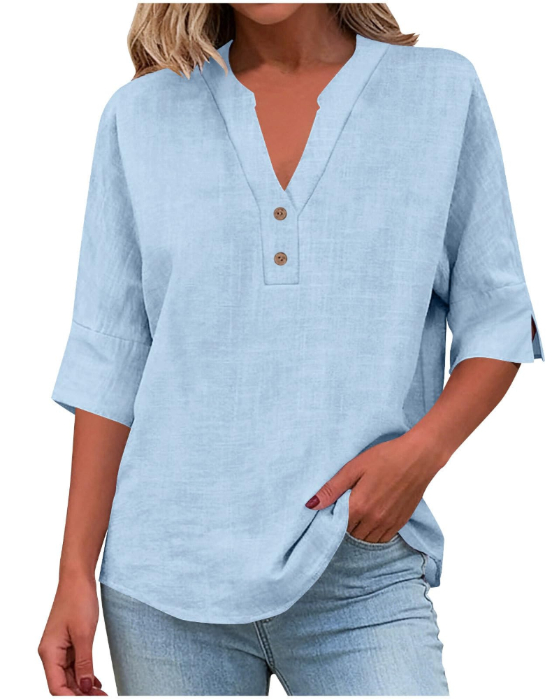 Blusa Fiona Donna Taglia Grande – Lino Collo a V con Bottoni Maniche Corte