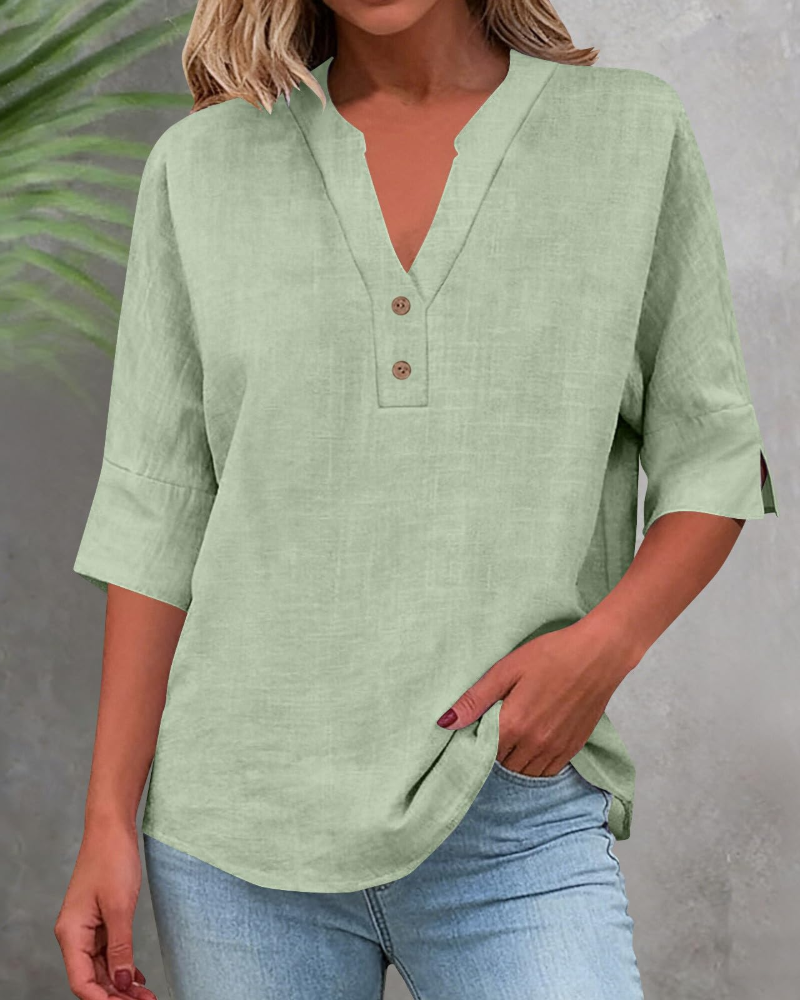 Blusa Fiona Donna Taglia Grande – Lino Collo a V con Bottoni Maniche Corte