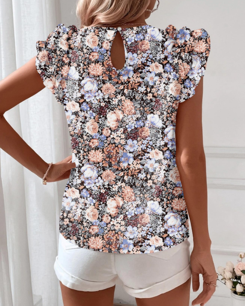 Lila Bluse Damen Sommer – Florale Boho Kurzärmlig mit Rüschen