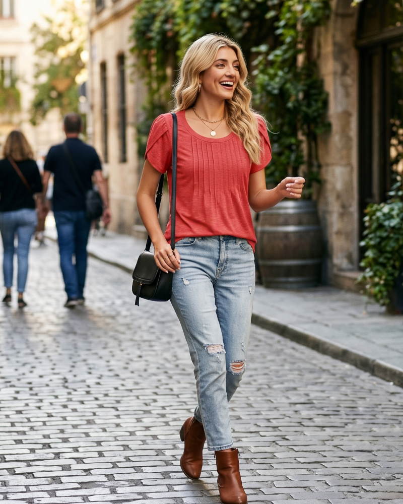 Camisa Fedora Plisada para Mujer – Blusa con Cuello Redondo y Mangas de Pétalo Elegante
