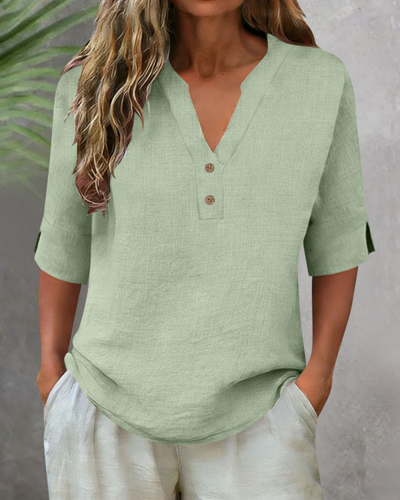 Blusa Fiona Donna Taglia Grande – Lino Collo a V con Bottoni Maniche Corte