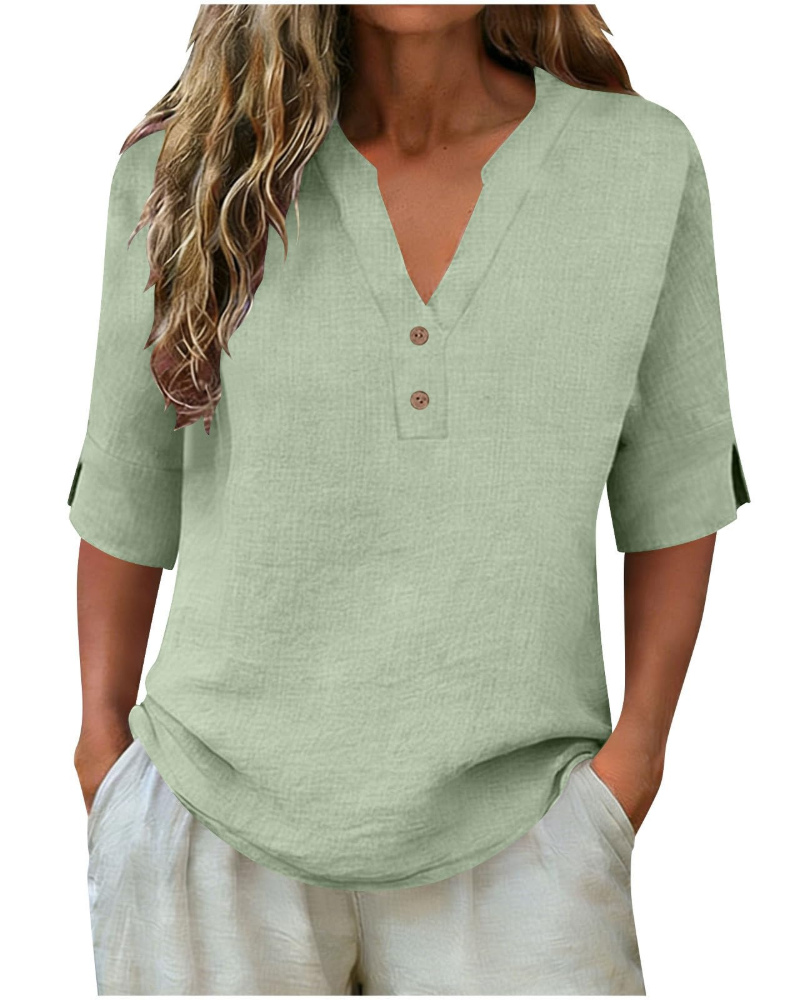 Blusa Fiona Donna Taglia Grande – Lino Collo a V con Bottoni Maniche Corte
