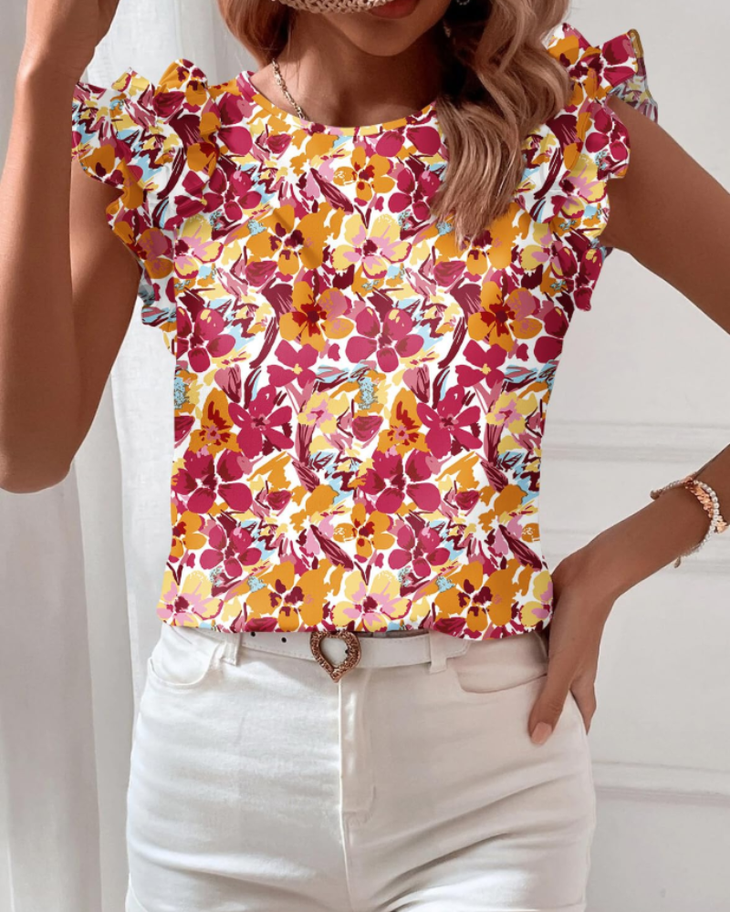 Lila Bluse Damen Sommer – Florale Boho Kurzärmlig mit Rüschen