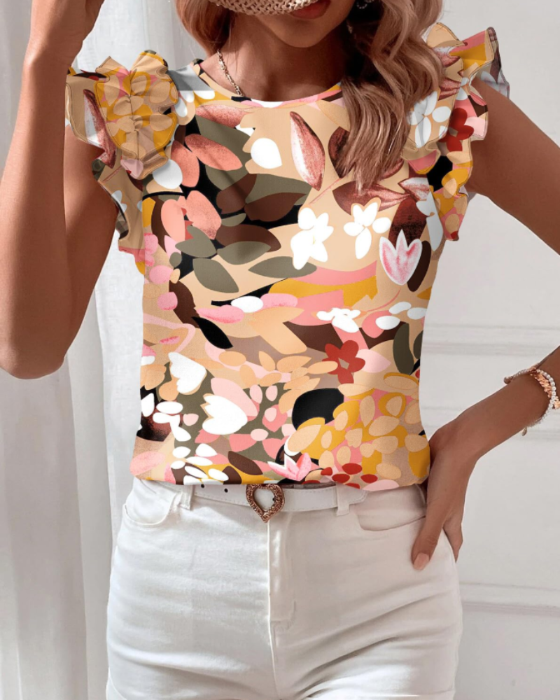 Lila Bluse Damen Sommer – Florale Boho Kurzärmlig mit Rüschen