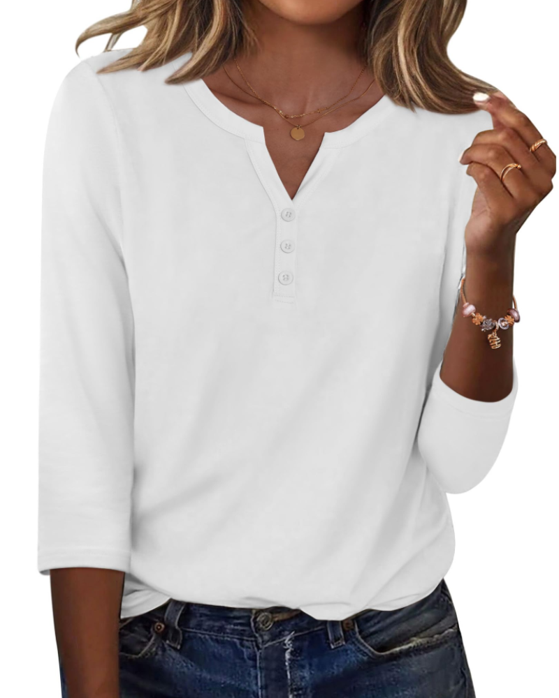Valerie Bluse Damen Sommer – Satin V-Ausschnitt 3/4-Arm mit Knöpfen