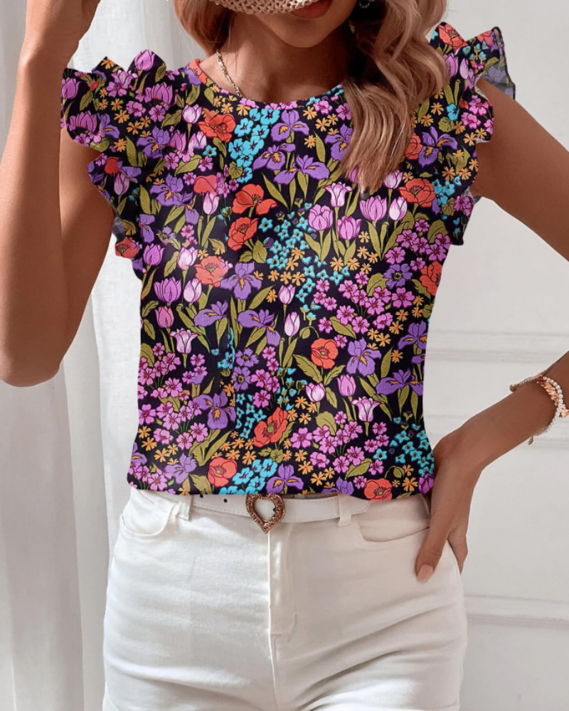 Lila Bluse Damen Sommer – Florale Boho Kurzärmlig mit Rüschen