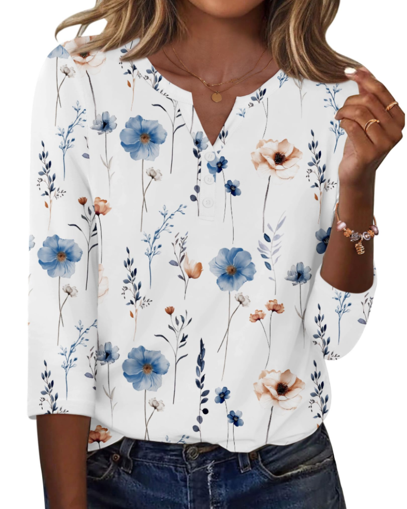 Valerie Bluse Damen Sommer – Satin V-Ausschnitt 3/4-Arm mit Knöpfen