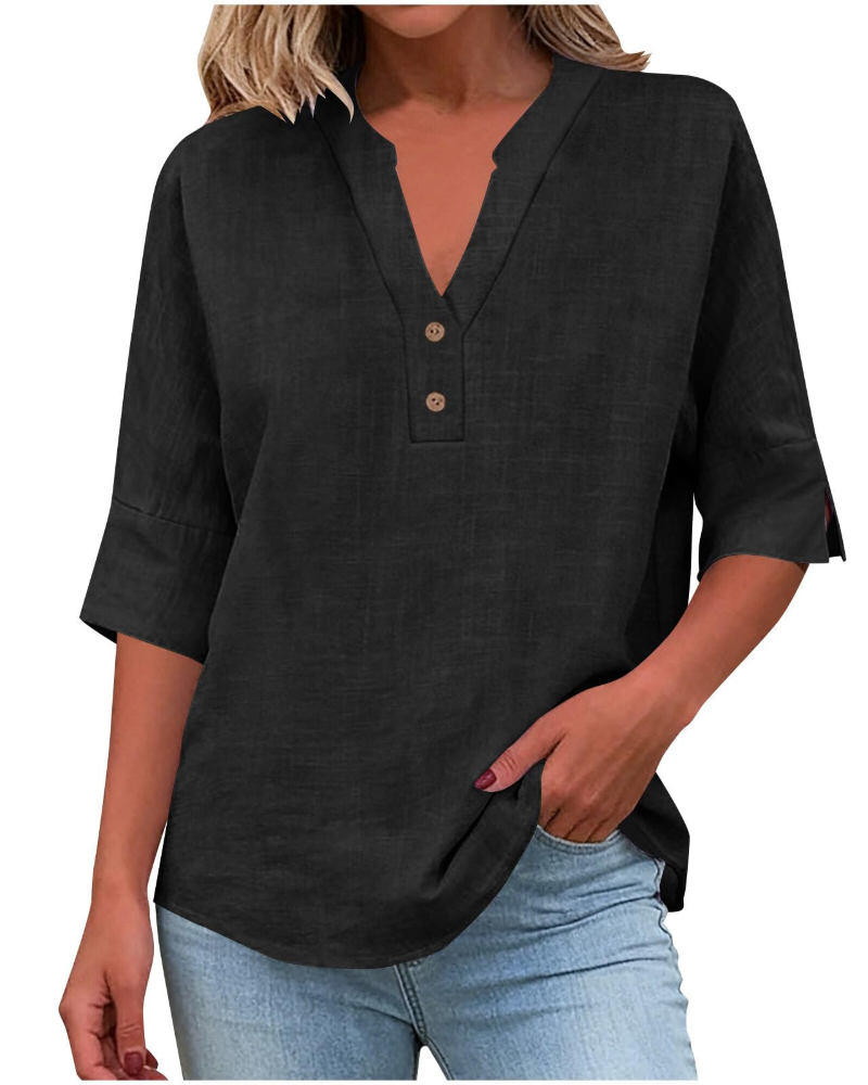 Blusa Fiona Donna Taglia Grande – Lino Collo a V con Bottoni Maniche Corte