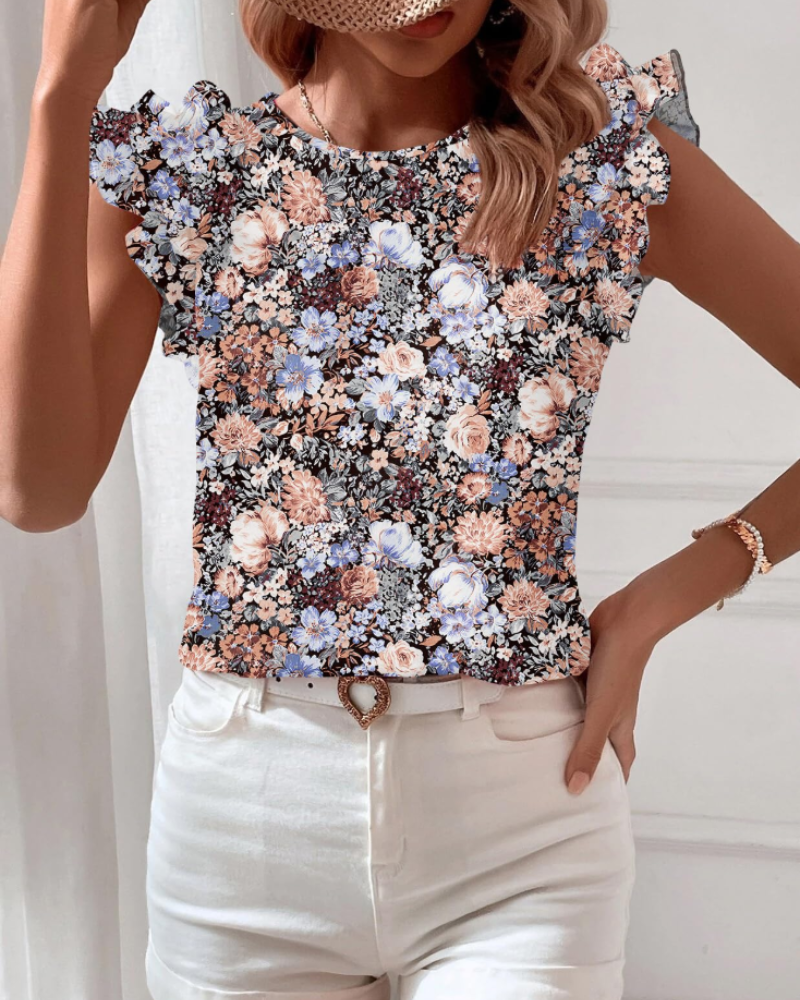 Lila Bluse Damen Sommer – Florale Boho Kurzärmlig mit Rüschen