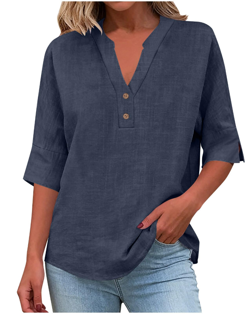 Blusa Fiona Donna Taglia Grande – Lino Collo a V con Bottoni Maniche Corte