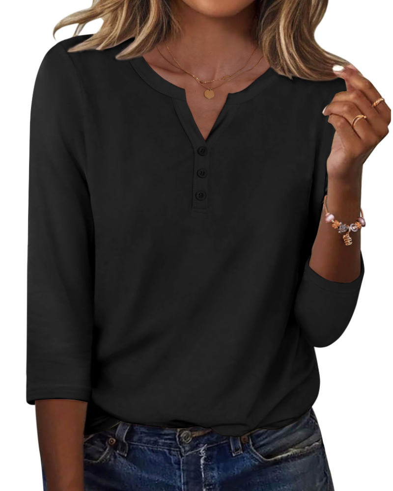 Valerie Bluse Damen Sommer – Satin V-Ausschnitt 3/4-Arm mit Knöpfen