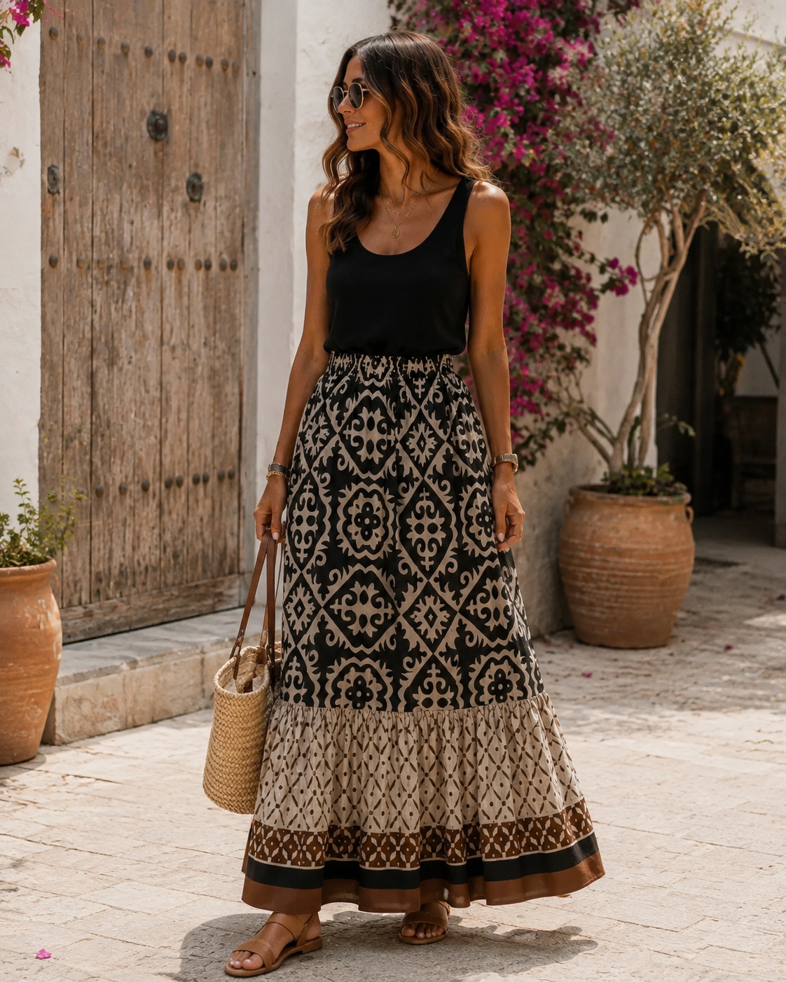 Bailey Women's Maxi Skirt – Bohemian Print, Elastic Waist & Ruffled Hem