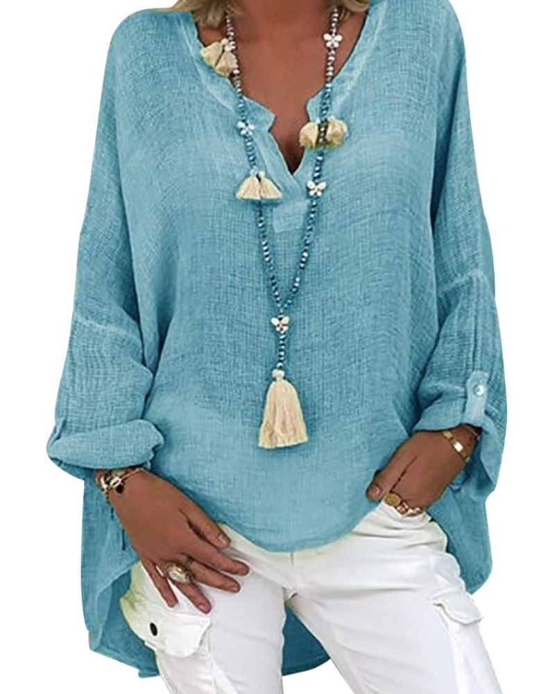 Corisande Blouse Tunique Femme – Lin & Viscose, Col V, Manches Longues & Coupe Fluide