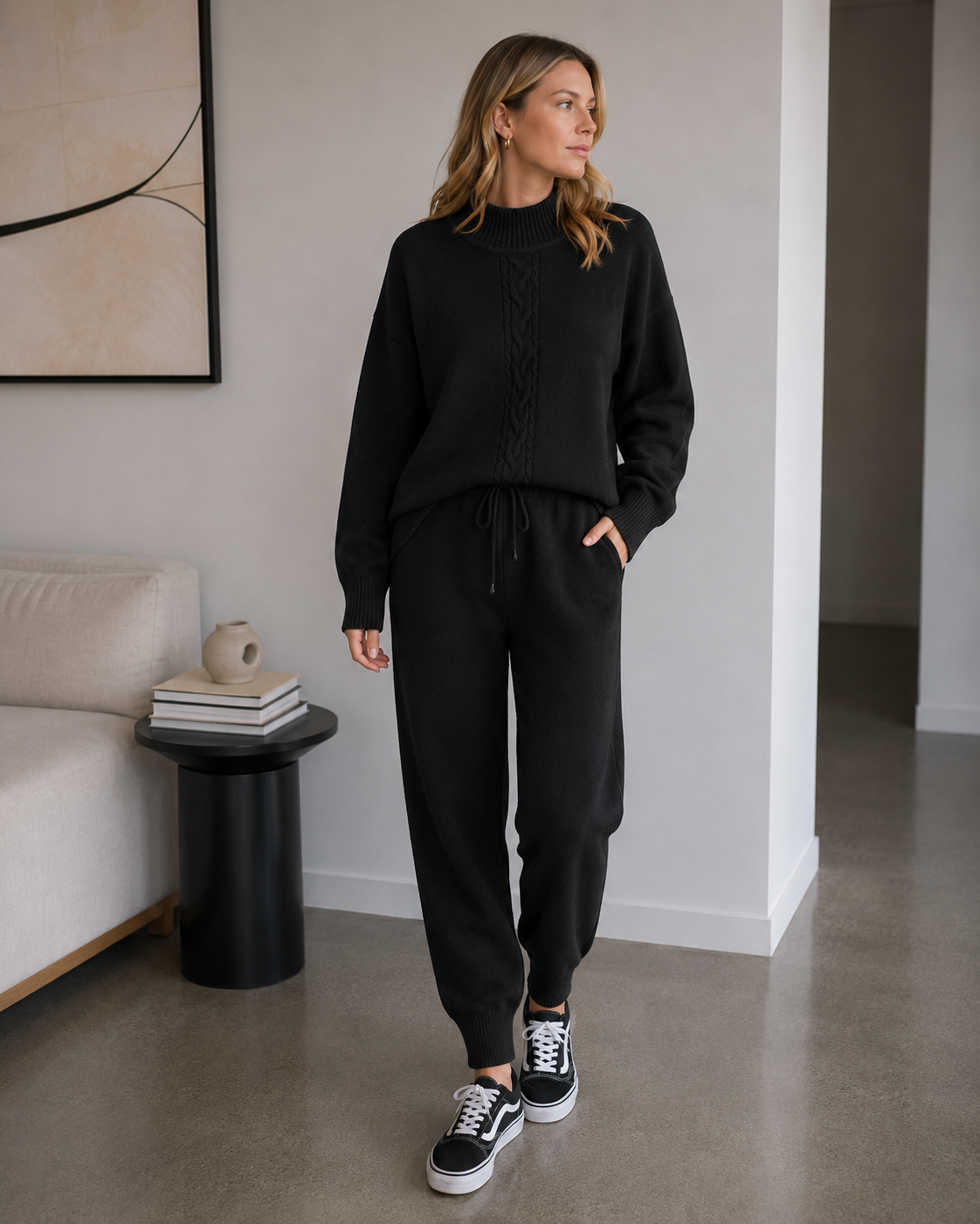 Wren Women’s Knitwear Set – Cable-Knit Sweater & High-Waisted Pants