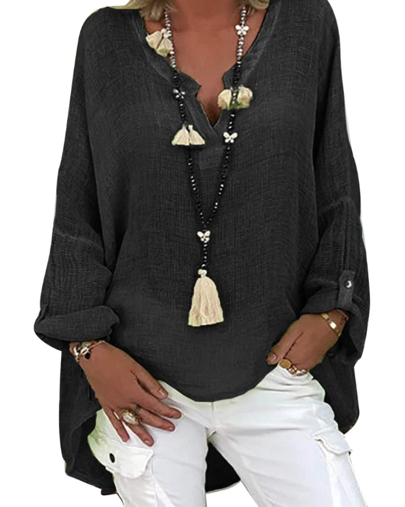 Corisande Blouse Tunique Femme – Lin & Viscose, Col V, Manches Longues & Coupe Fluide