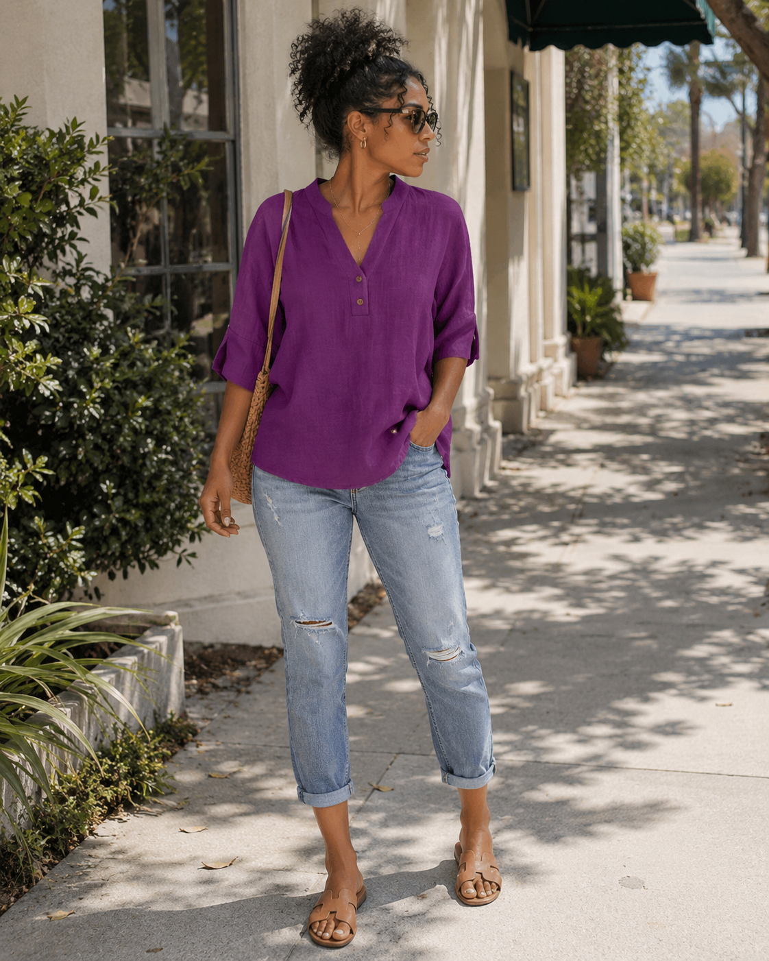 Eirlys Women’s Blouse – Cotton & Linen, Buttoned V-Neck, 3/4 Sleeves, Loose Fit