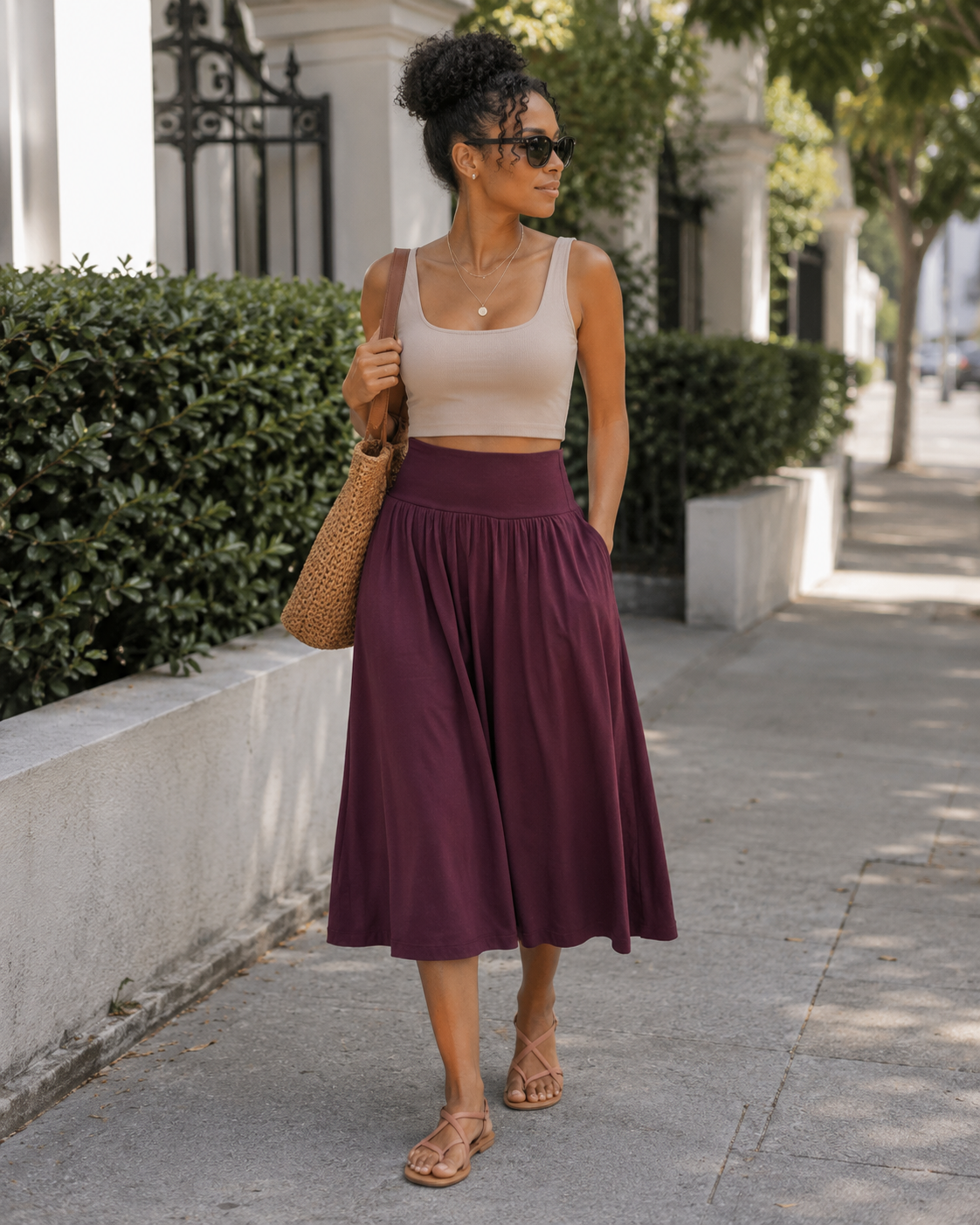Ione Saia Midi de Mulher – Jersey de Viscose Elástico, Cintura Elástica, Franzidos e Bolsos
