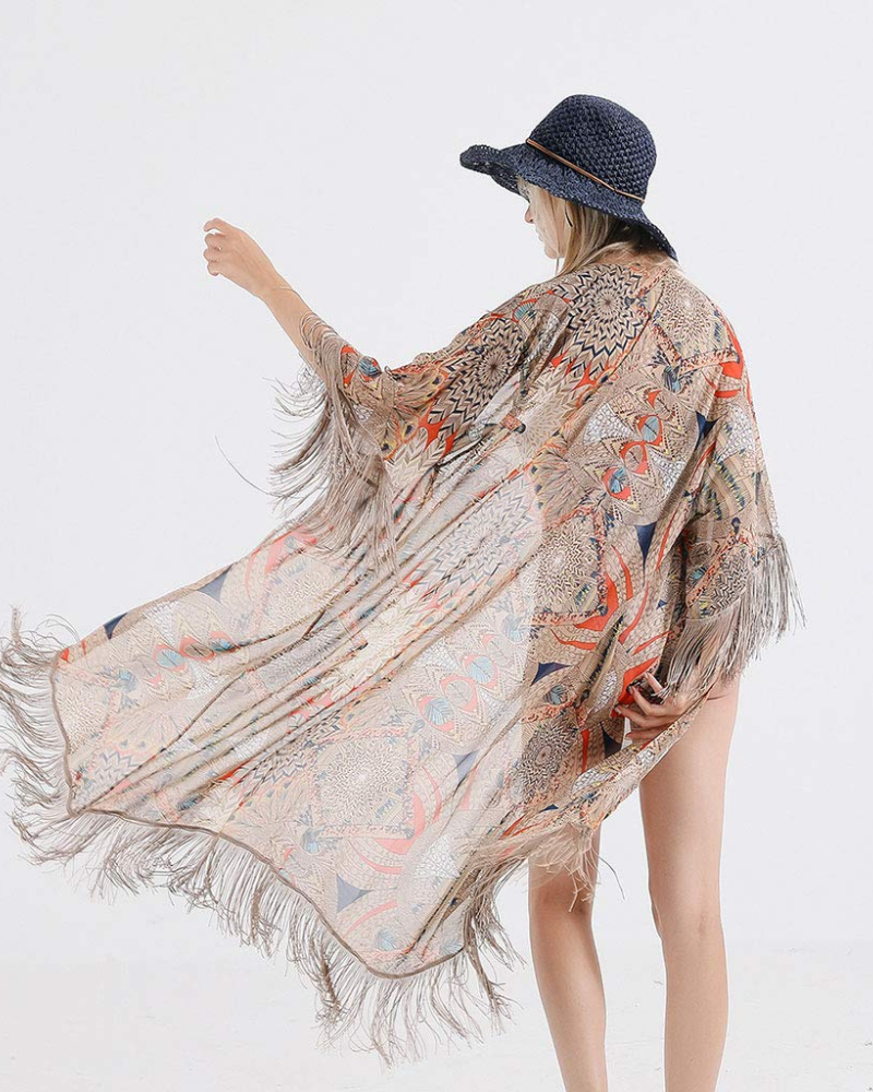 Dámské kimono Fabielle z mušelínu – dlouhý bohémský kardigan s květinovým potiskem