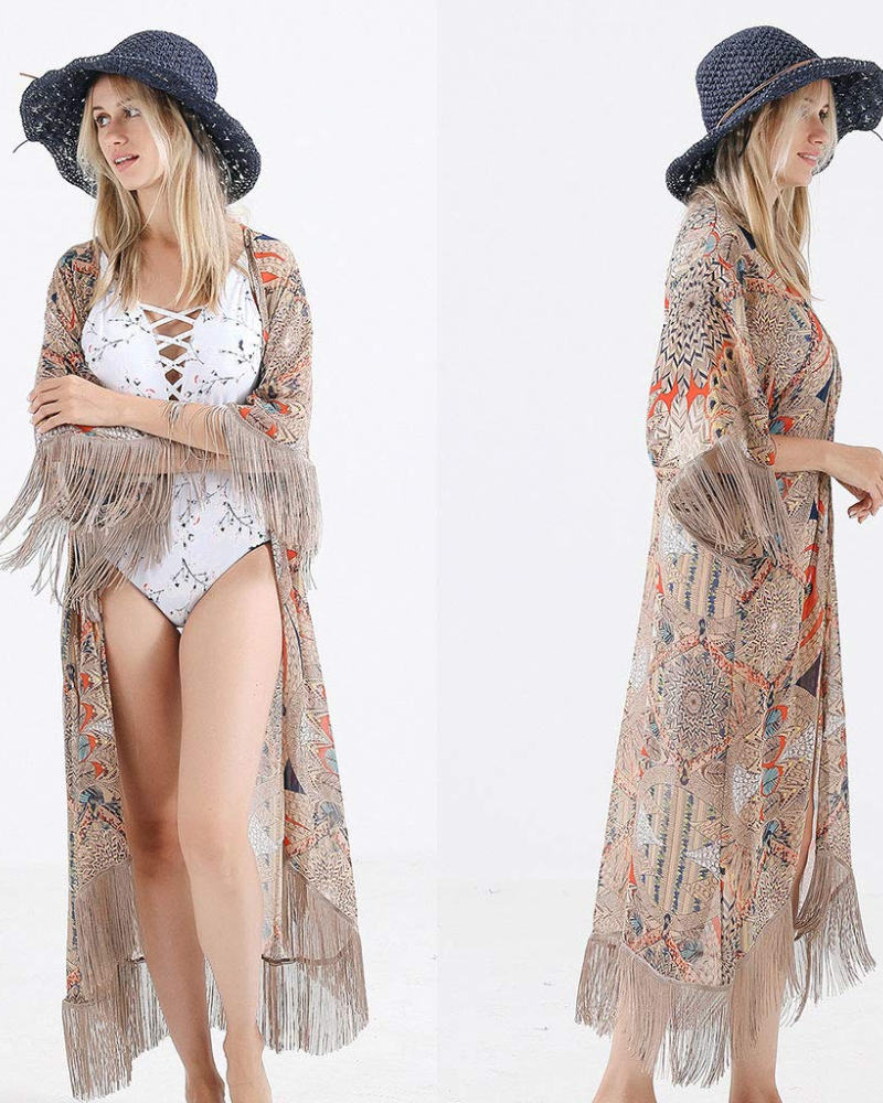 Dámské kimono Fabielle z mušelínu – dlouhý bohémský kardigan s květinovým potiskem