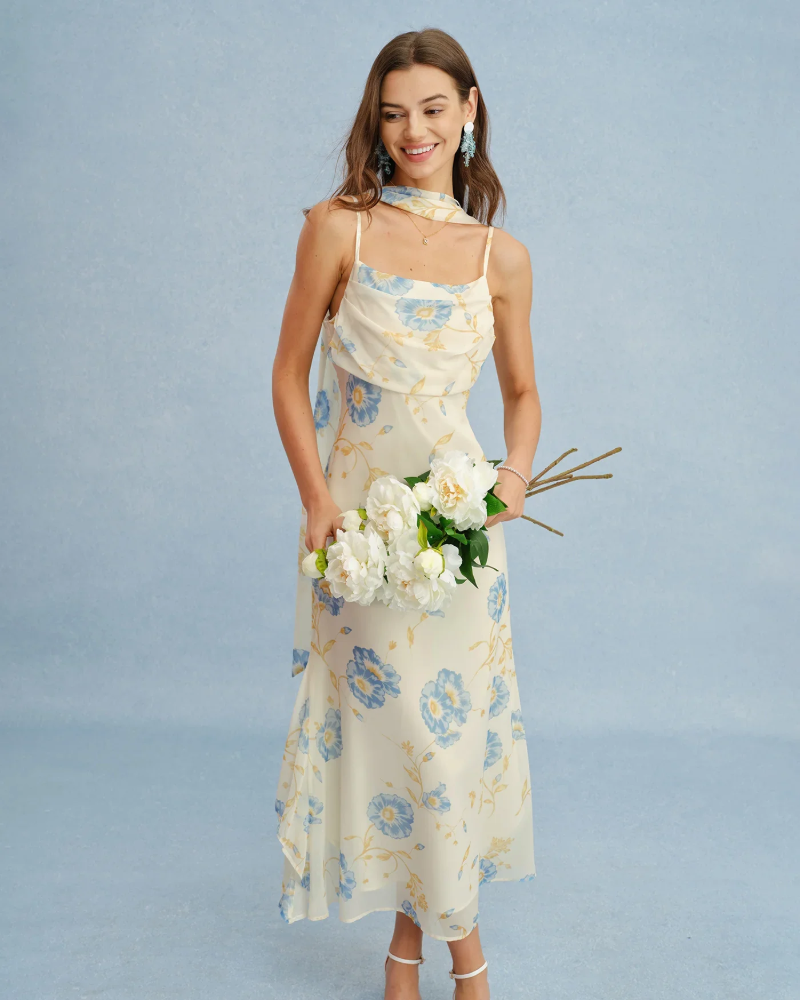 Abito Maxi Eliora da Donna – Abito Beige Effetto Mussola con Fiocco, Taglio Fluido Elegante