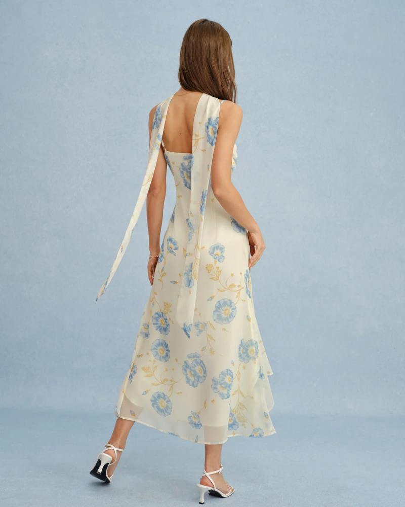 Abito Maxi Eliora da Donna – Abito Beige Effetto Mussola con Fiocco, Taglio Fluido Elegante