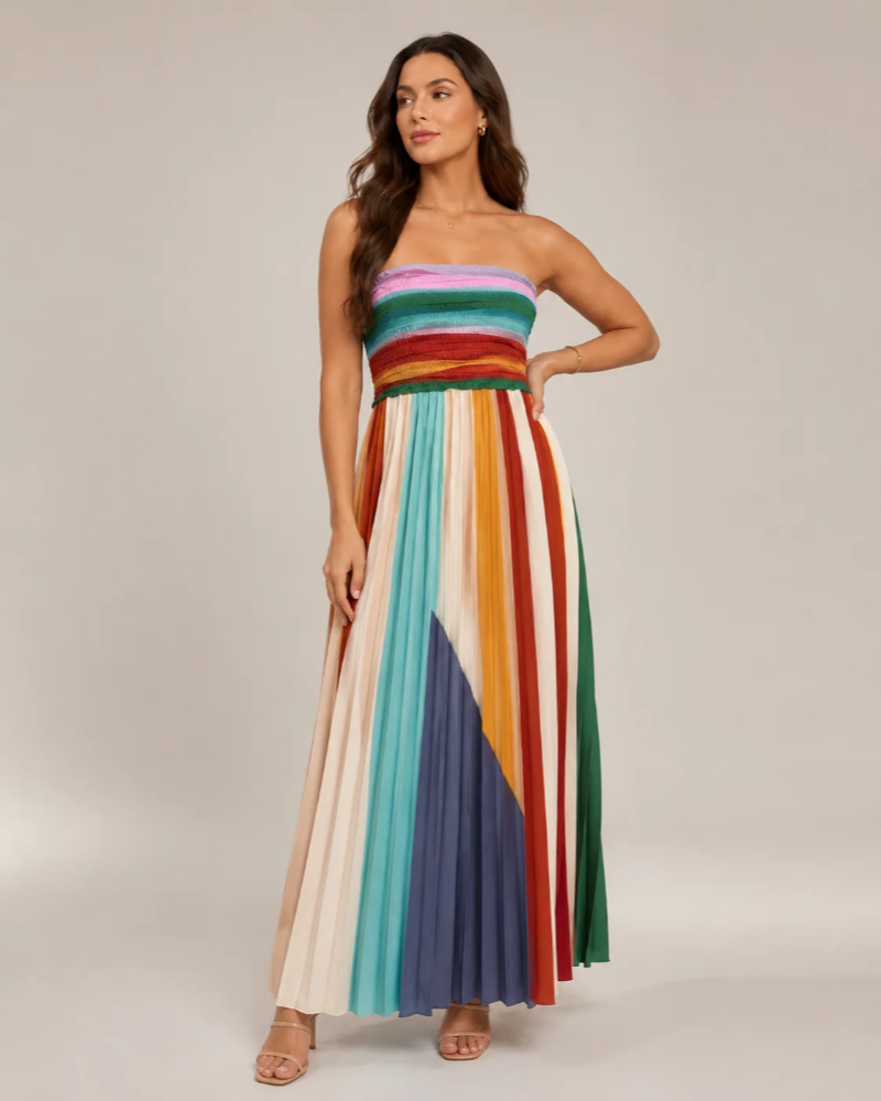 Φόρεμα Sawyer Maxi Γυναικείο – Μακρύ Φόρεμα Bustier Πολύχρωμο με Κατακόρυφες Ρίγες και Ανοιχτή Πλάτη