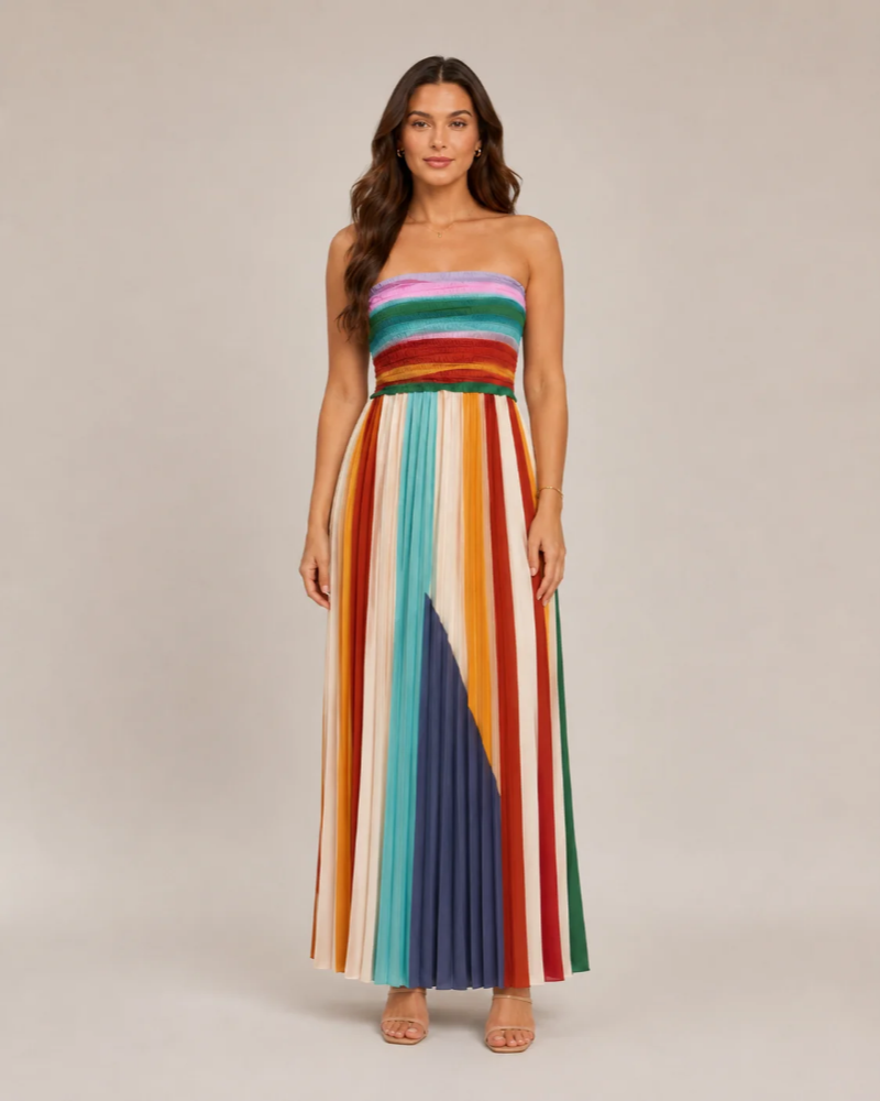Φόρεμα Sawyer Maxi Γυναικείο – Μακρύ Φόρεμα Bustier Πολύχρωμο με Κατακόρυφες Ρίγες και Ανοιχτή Πλάτη