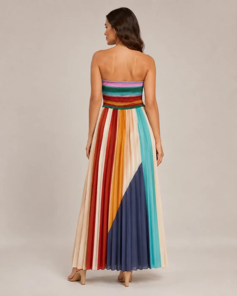 Φόρεμα Sawyer Maxi Γυναικείο – Μακρύ Φόρεμα Bustier Πολύχρωμο με Κατακόρυφες Ρίγες και Ανοιχτή Πλάτη