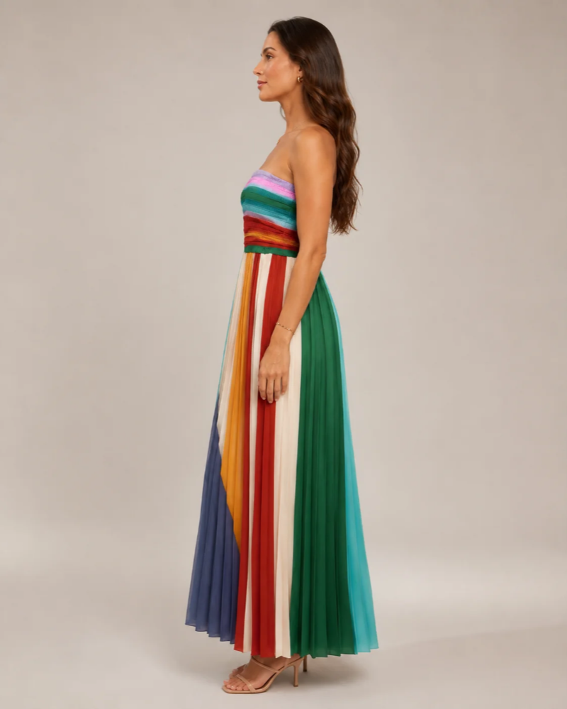 Φόρεμα Sawyer Maxi Γυναικείο – Μακρύ Φόρεμα Bustier Πολύχρωμο με Κατακόρυφες Ρίγες και Ανοιχτή Πλάτη
