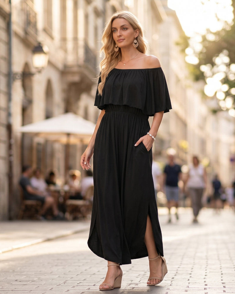 Odelie Robe Maxi Femme Été – Épaules Dénudées Volants & Poches