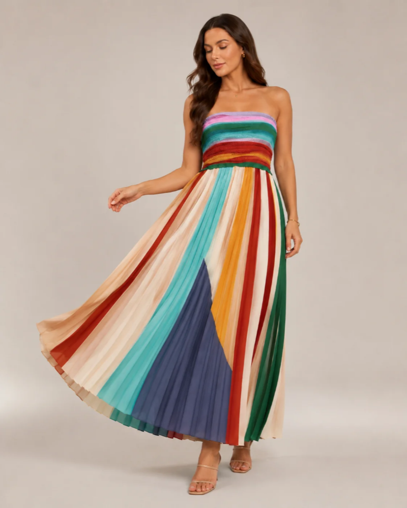 Φόρεμα Sawyer Maxi Γυναικείο – Μακρύ Φόρεμα Bustier Πολύχρωμο με Κατακόρυφες Ρίγες και Ανοιχτή Πλάτη