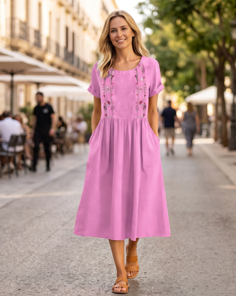 Eliana Midi besticktes Damenkleid – Trapezkleid aus Baumwoll-Leinen-Mischung mit Taschen