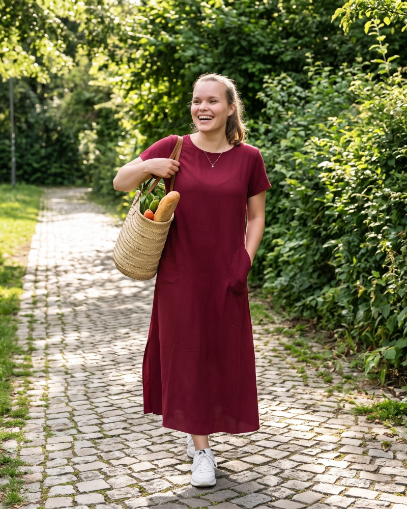 Aubrey női maxi ruha – hosszú, kerek nyakú, rövid ujjú zsebes ruha