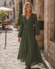 Vestito Donna Tierra Pois – Taglio A-Line, Scollo a V, Vita Alta Plissettata Elegante