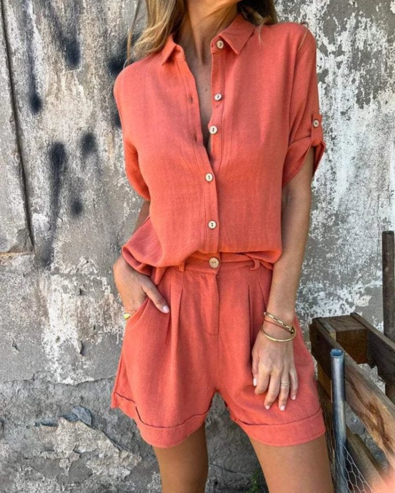 Σετ Γυναικείο Noémie – Πουκάμισο και Σορτς σετ με Κουμπιά και Μανίκια Γυρισμένα Καλοκαίρι