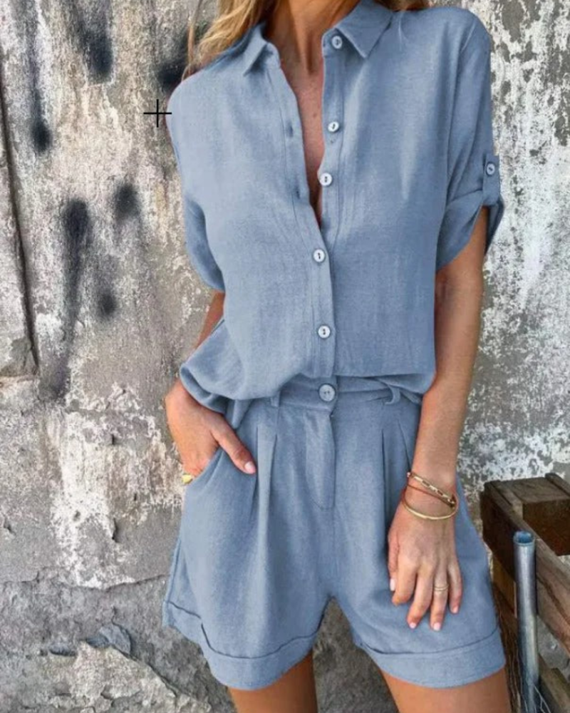 Σετ Γυναικείο Noémie – Πουκάμισο και Σορτς σετ με Κουμπιά και Μανίκια Γυρισμένα Καλοκαίρι