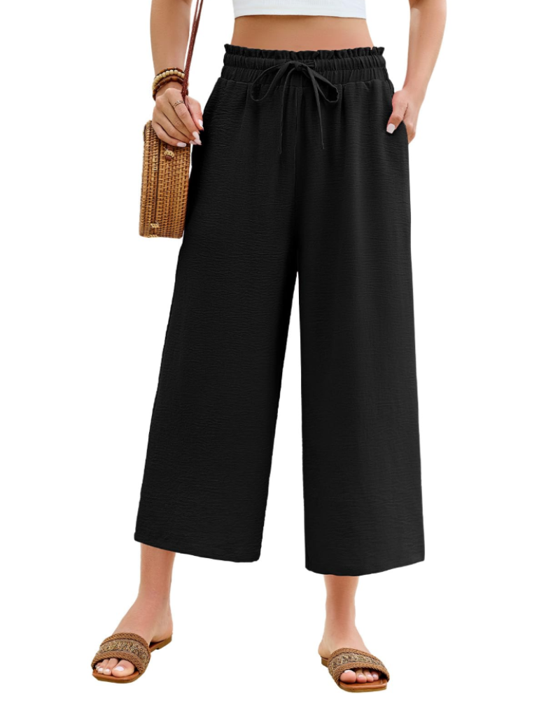 Pantaloni de damă Bexley 7/8 – talie înaltă elastică, croială lejeră, cu șnur și buzunare