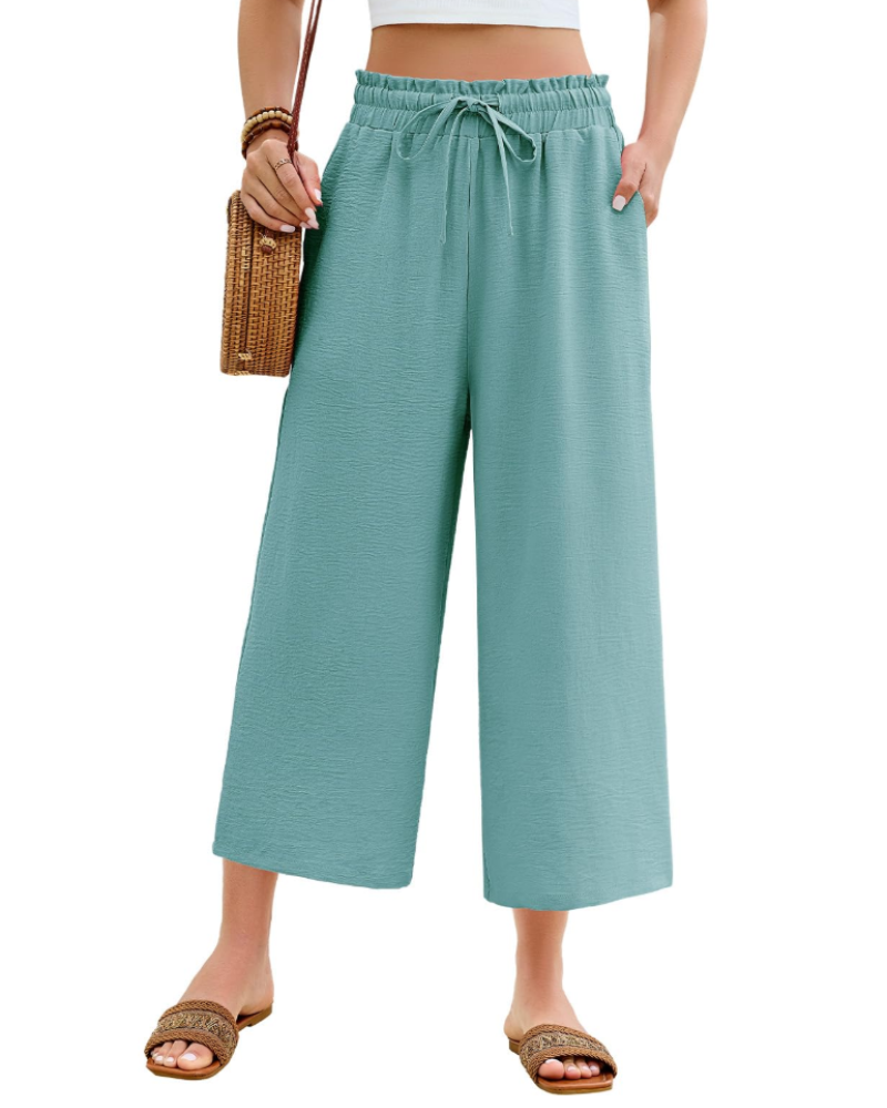 Pantaloni de damă Bexley 7/8 – talie înaltă elastică, croială lejeră, cu șnur și buzunare