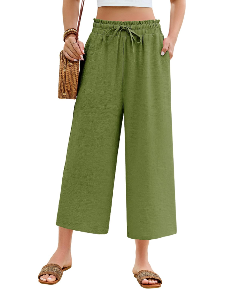 Pantaloni de damă Bexley 7/8 – talie înaltă elastică, croială lejeră, cu șnur și buzunare