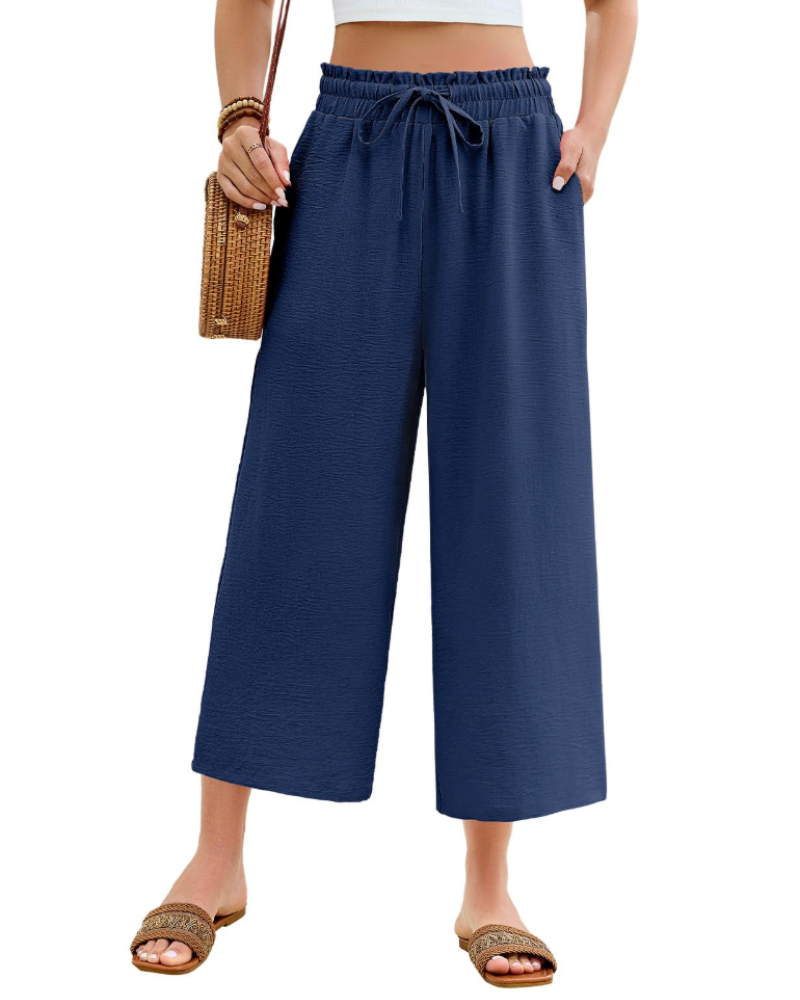 Pantaloni de damă Bexley 7/8 – talie înaltă elastică, croială lejeră, cu șnur și buzunare