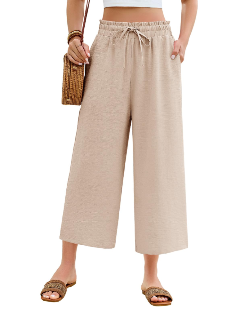 Pantaloni de damă Bexley 7/8 – talie înaltă elastică, croială lejeră, cu șnur și buzunare