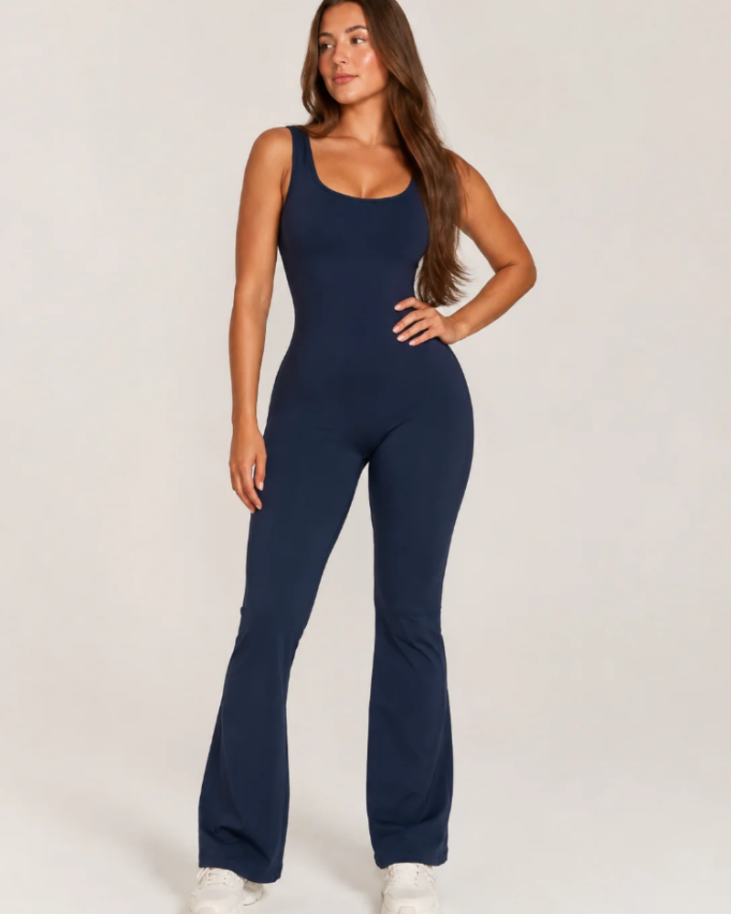 Presley Damen-Sportoverall – ausgestellter Jumpsuit mit offenem Rücken aus atmungsaktivem Stretchstoff