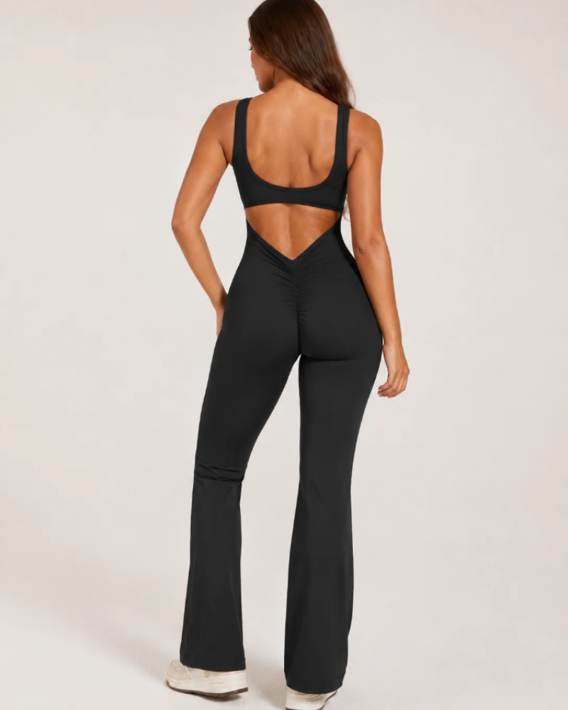Presley Damen-Sportoverall – ausgestellter Jumpsuit mit offenem Rücken aus atmungsaktivem Stretchstoff