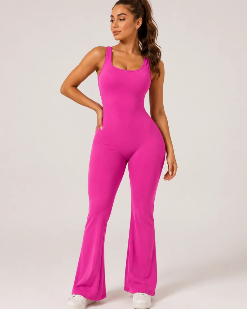 Presley Damen-Sportoverall – ausgestellter Jumpsuit mit offenem Rücken aus atmungsaktivem Stretchstoff