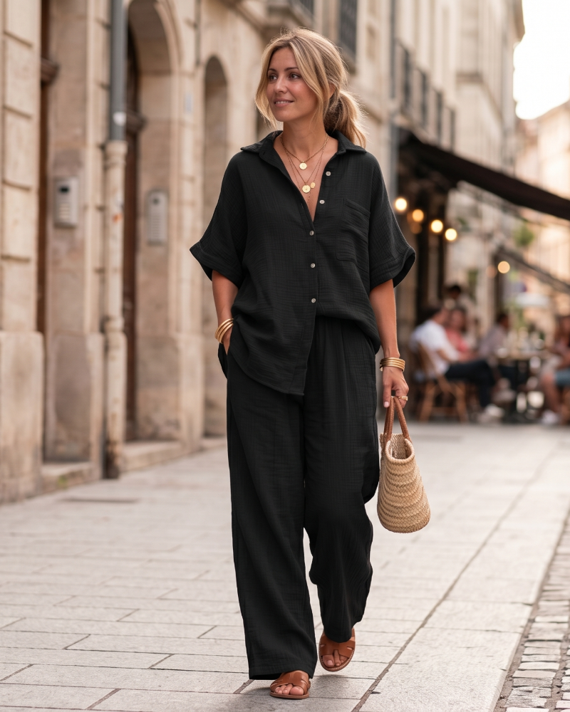 Ava Ensemble Femme Été – Chemise Boutonnée & Pantalon Large Taille Haute