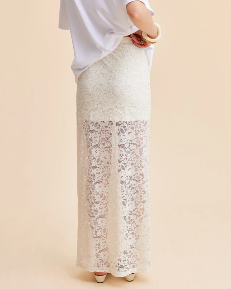 Saia Maxi Ophelia Jupe Femme – Saia Longa em Renda Semi-Transparente Bege Elegante
