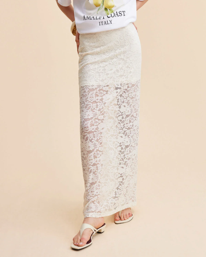 Saia Maxi Ophelia Jupe Femme – Saia Longa em Renda Semi-Transparente Bege Elegante