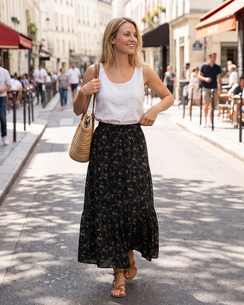 Natalie Jupe Maxi Femme – Jupe Longue Évasée avec Taille Haute Élastique, Volants & Poches