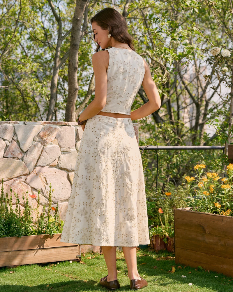 Fustă midi Florence pentru femei – fustă bej brodată, croială fluidă, elegantă și feminină