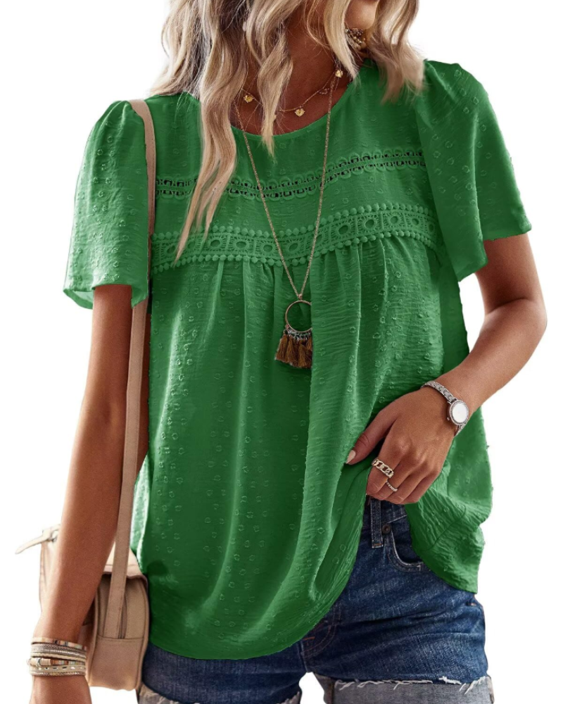 Grace Bluse Bohème Damen – Tunika mit Rundhalsausschnitt, Spitze und kurzen Sommerärmeln